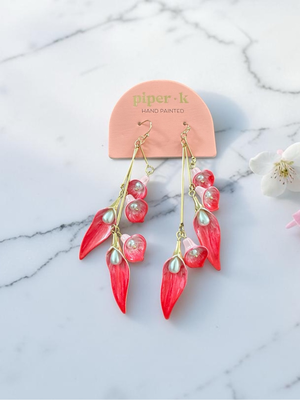 Piper K Hand Painted Calla Lily Floral Drop Earrings with Gold Accents NWT